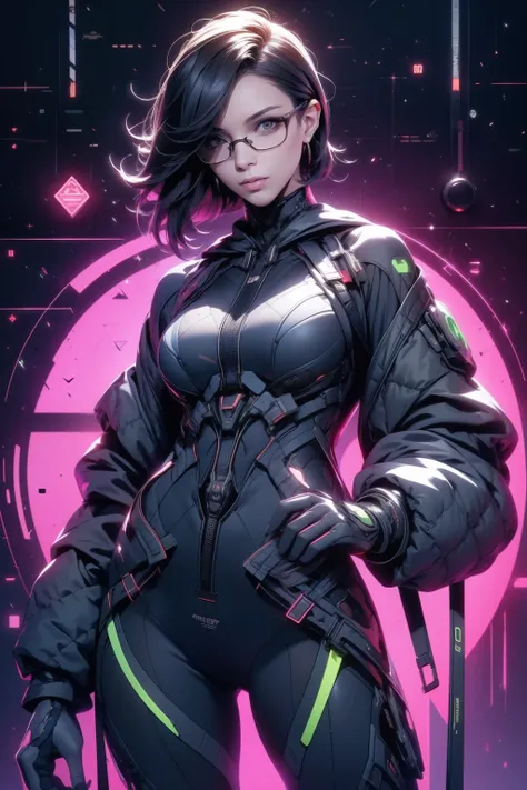 Waist up hot beauty woman (masterpiece) with bob short black hair, best quality, expressive eyes, perfect face, wearing a short jacket & a detailed ornad sci-fi cyberpunk combat plugsuit & sunglasses, sharp focus