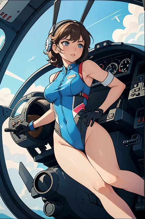 (masterpiece),( best quality), 1girl, pilot, flying helicopter, from cockpit, leotard, bare legs, gloves