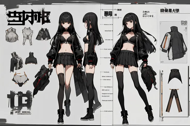 (character design sheet, same character, standing,front, side, back、three quarter view), high quality anime,Perfect Anatomy,28 year old beauty、black hair,long  hair,blunt  bangs,black eyes,slender body, 小さい頭、ideal ratio body proportions:1.2,medium breasts,...