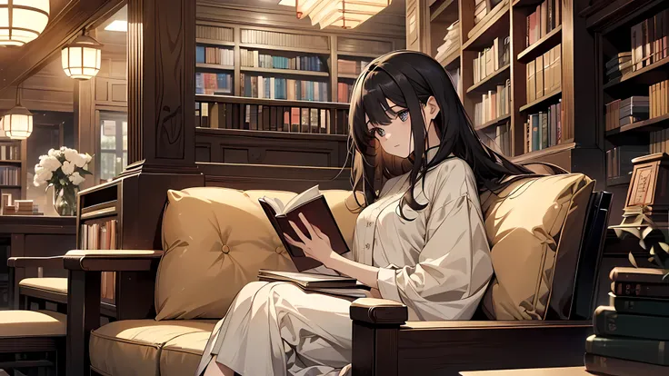 The subject is a young woman drawn in 8K resolution。Her hair is black and long、Her eyes are focused on the book.、Its face represents the joy and silence of reading。 Her outfit is simple and calm。White blouse and black skirt、Flat black shoes。She sat on a so...