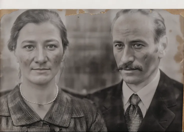 arafed photo of a man and a woman in a suit and tie, ayanamikodon and irakli nadar, szekely bertalan and lotz karoly, portrait of two people, grainy damaged photo, real picture, historical image, old photo, by Pál Balkay, unknown location, aged photo, very...