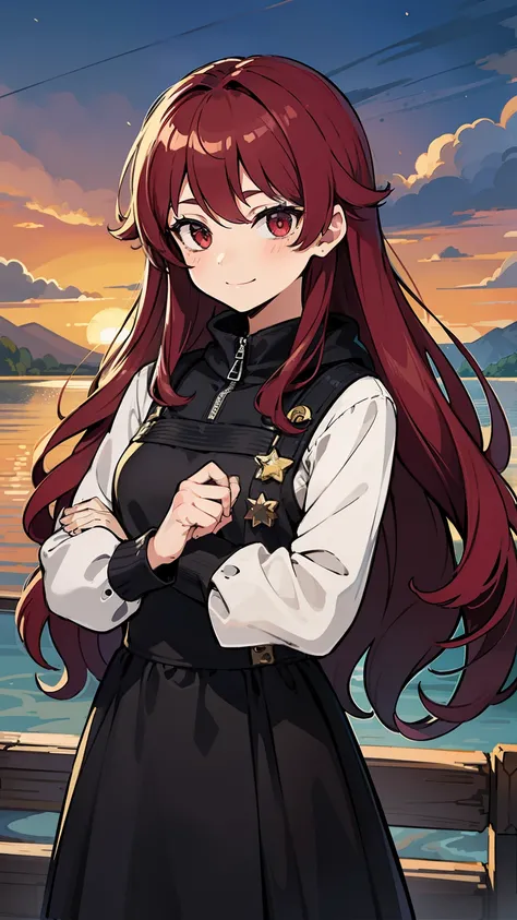 (high-quality, breathtaking),(expressive eyes, perfect face) 1girl, female, solo, age 13, adolescent age, deep red color hair, dark red eye color, soft wavy hair, long hair length, cute smile, dress, jacket, honkai star rail art style, soft kind expression...