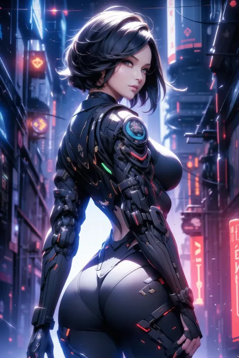 Waist up beside view beauty ass, hot beauty woman (masterpiece) with bob short black hair, best quality, expressive eyes, perfect face, wearing a short jacket & a detailed ornad sci-fi cyberpunk combat plugsuit & sunglasses, sharp focus, cybersamurai, glow...