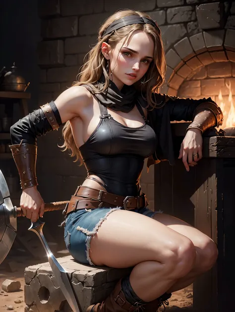 masterpiece. macabre, horror fantasy. detailed epic fantasy oil painting of beautiful blacksmith Natalie Portman. detailed stylish blacksmith costume, bandana, boots, denim shorts for the summer. athletic. gently slightly biting hammer with tongue. night. ...