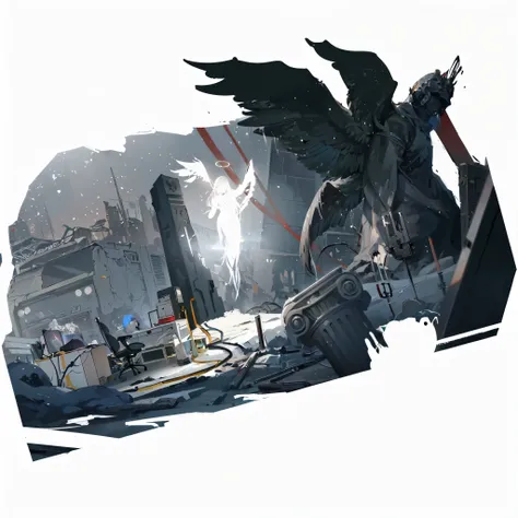 (((anime - style illustration of an angel of light coming out of an obelisk))), (((desk with computer and military supply boxes))), (((truck in the background))), (((post-apocalyptic ruins covered in ash))), ((dark atmosphere)), night time, lights and fire...