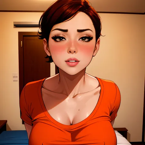 sexy woman, short bob hairstyle, seductive gaze, blushing intensely, parted lips, desperate, flustered, lustful, orange t shirt,...