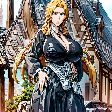 master piece, high quality,
perfect human structure, perfect hand structure, perfect finger structure,
1girl, solo,
perfect body, large breasts,
blond hair, long hair,
blue eyes, looking at viewer,
black kimono, breasts cleavage,
ring necklace
one hand on ...