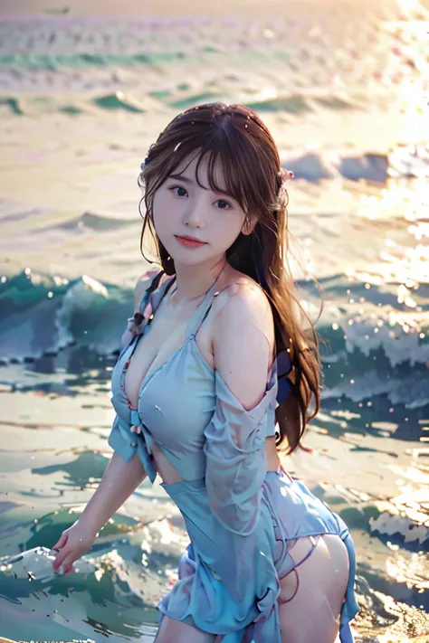 (8k, RAW photo, best quality, masterpiece:1.2), (realistic, photo-realistic:1.4), (extremely detailed 8k wallpaper), (charming, sweet) girl with a playful expression, splashing in the waves, wearing a cute Bra Top, with a serene seascape featuring distant ...