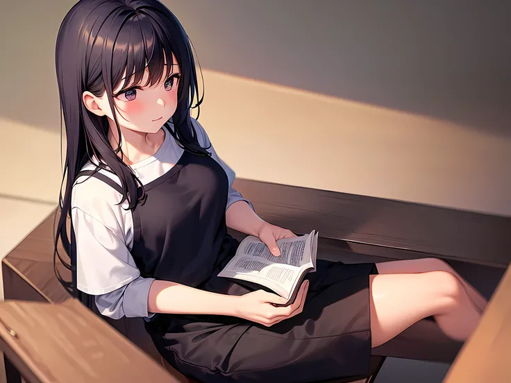 A little boy sits on his moms lap, as she patiently teaches him to read a book. They are both dressed in comfortable clothing - the boy wears black shorts while the mom is in a white skirt. The scene takes place in a cozy classroom.
