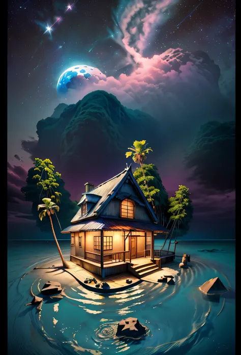 obra maestra, High Definition, (isla en el mar, casa kame de referencia:1.5), Dragon Ball, Decoraciones florales, palmeras, noche, (luna azul mediana, Soft lighting, violet galactic sky full of stars:1.2)