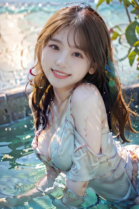 (8k, RAW photo, best quality, masterpiece:1.2), (realistic, photo-realistic:1.4), (extremely detailed 8k wallpaper), (lovable, enchanting) girl basking in the sunshine as she swims in the ocean, her smile as bright as the sun, wearing an adorable Bra Top, ...