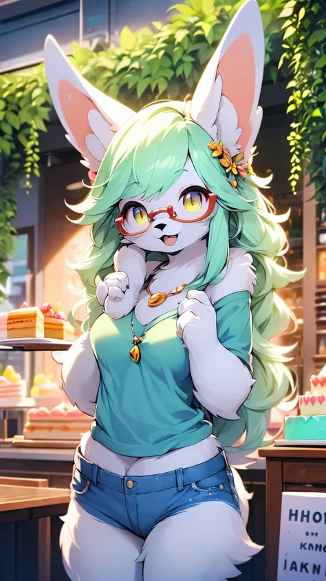 (fluffy anthro furry: 1.6),rabbit girl,female furry,yellow long hair,rabbit ears,glasses,necklace,flora hairpin,arm brecelet,loo...