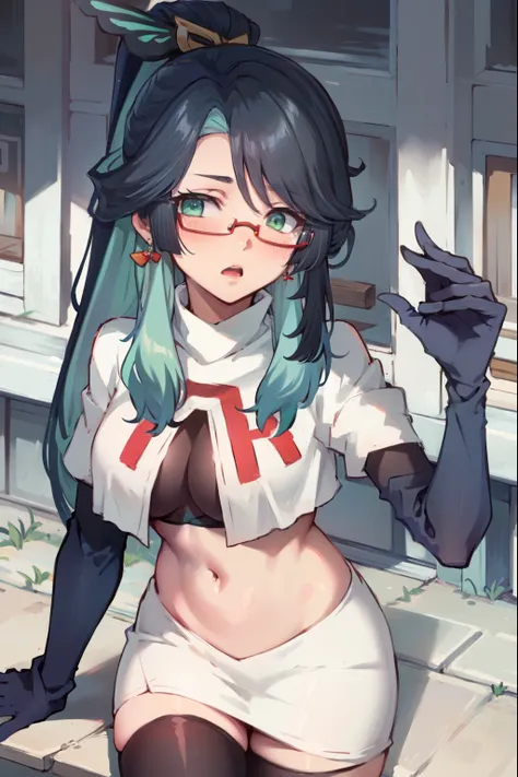 2d, masterpiece, best quality, anime, highly detailed face, perfect lighting, long hair, ponytail, multicolored hair, black hair, bangs, glasses, semi-rimless eyewear, earrings, green hair, hair ornament, jewelry, red-framed eyewear, green eyes, team rocke...