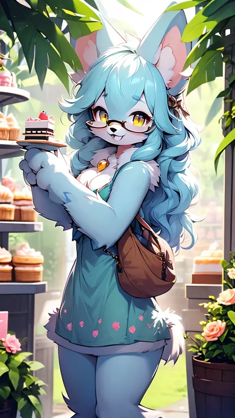 (fluffy anthro furry: 1.6),rabbit girl,female furry,yellow long hair,rabbit ears,ultra detailed fur,best quality,best resolution,glasses,necklace,flora hairpin,arm brecelet,looking at viewer,grin,short dress,tights,pocket bag,show cleaveage,cake shop,bend ...