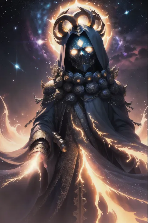 Azathoth is the greatest god, quien gobierna todo el infinito desde su trono en el centro del caos. Its body is made up of all the bright stars in the visible universe., but his face is veiled by darkness.