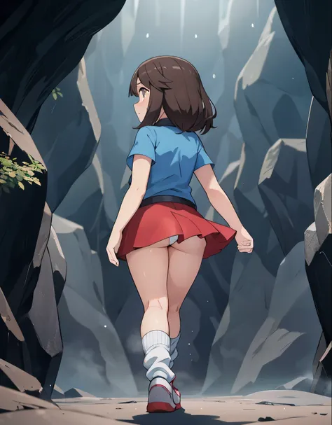 (best quality, highres,masterpiece:1.2),ultra-detailed,realistic,
pokemon leaf,visible,thighs,brown eyes,scared walking in a dark cave,crying,red skirt,blue shirt,loose socks,white footwear,long legs,back shot,dark atmosphere,damp cave walls,gloomy lightin...