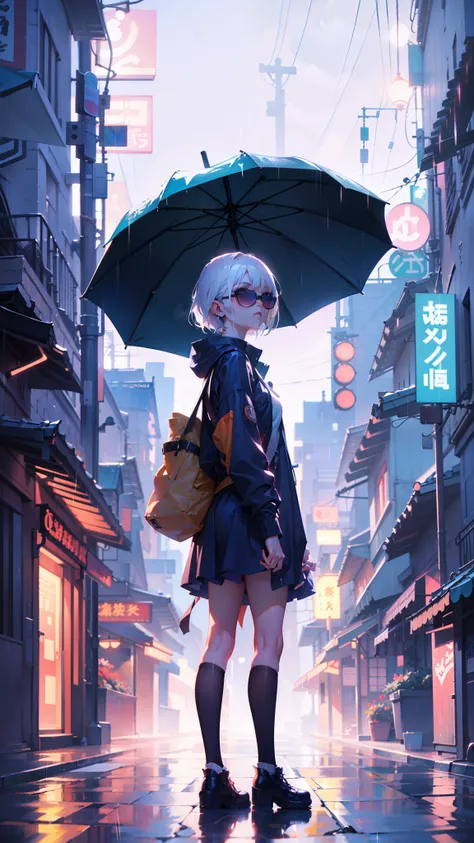 anime girl with umbrella standing in the rain in front of a building, white hair, circular sunglasses, makoto shinkai cyril rolando, anime art wallpaper 4k, anime art wallpaper 4 k, anime art wallpaper 8 k, gloomy. by makoto shinkai, reflections. by makoto...