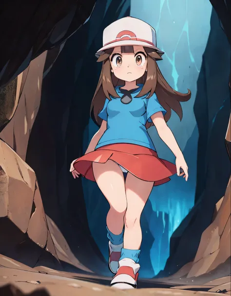 (pokemon, leaf, visible thighs, red skirt, blue shirt, brown eyes, loose socks, white footwear, upskirt, white panties, body shape, long legs, chubby thighs, scared walking in a dark cave, crying), (oil painting), (mysterious atmosphere, glowing eyes, damp...