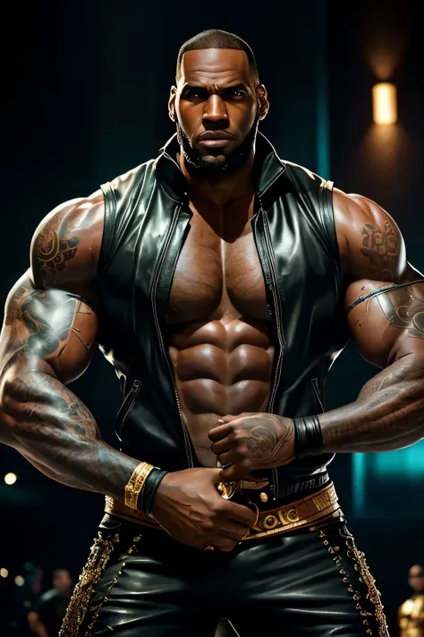 A giant and imposing figure ofLeBron James, flexing his enormous and bulging biceps, is masterfully sculpted in intricate detail wearing a sleek and tight leather jacket. The high-definition rendering of his muscular physique is captured in stunning lucidi...