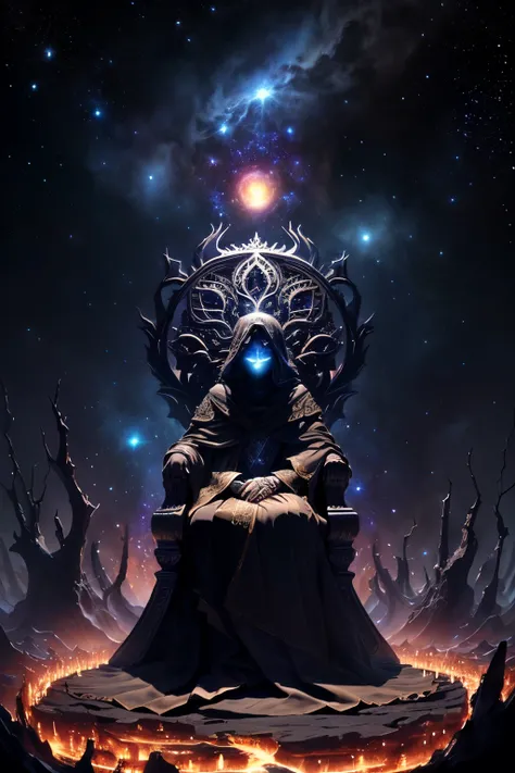 Azathoth is the greatest god, quien gobierna todo el infinito desde su trono en el centro del caos. Its body is made up of all the bright stars in the visible universe., but his face is veiled by darkness.