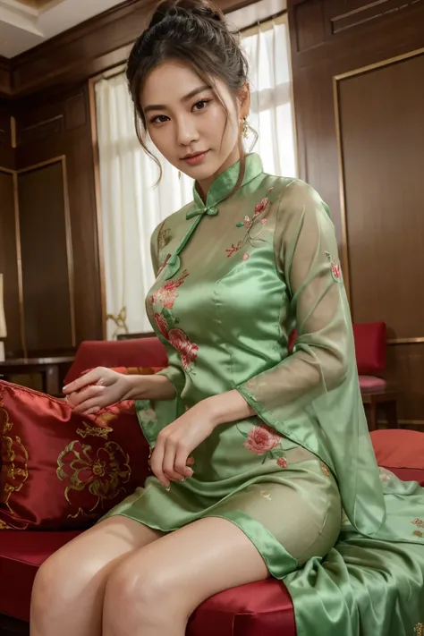 shot of a chinese lady (30 yo), elegant, bun hair, going commando in silk light green liquid satin floating sheer wrinkled creasing slim-fit qipao, floral embroidery, resting on red silk cushioned bench in luxurious oriental living room, seducing, photorea...