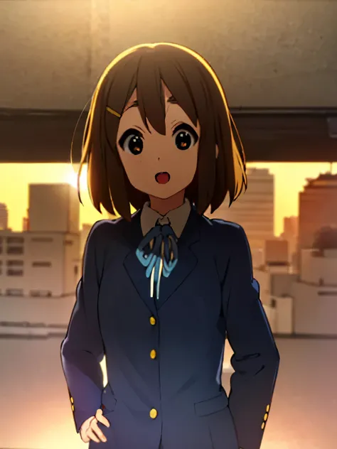 1girl, (((​masterpiece))), top-quality, top-quality, High Details, hirasawa yui, 1girl, Sakuragaoka High School Uniform, student clothes, Twin-yellow hairpin, short hair, A brown-haired, brown-eyed, 独奏, reddish, Dark blue blazer with thin blue ribbon, Soli...