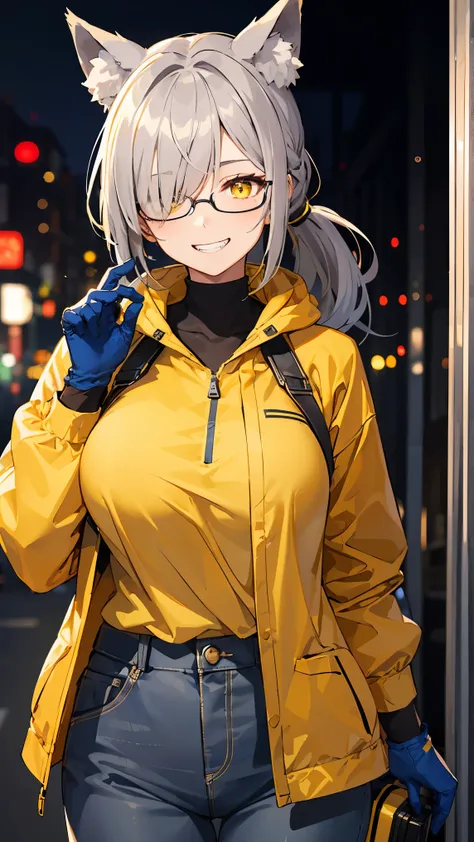 1girl, blue shirt, blue gloves, yellow jacket, black glasses, grin, ponytail hair, one eye ccovered bangs ,gray hair, yellow eyes, wolf ears, large breast, tomboy, wallpaper, landscape, depth of field, night, light particles, light rays, sidelighting, long...