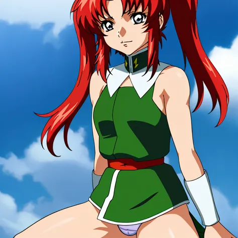 real photos、real photos、real image、Highest image quality、Meilin Hawk、Squatting、spread legs、show white panties,Anime girl with red hair and green and white dress standing in front of a blue sky, Erza Scarlet as a real person, saiyan girl, portrait zodiac gi...