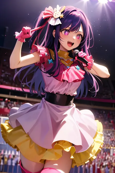 hoshino ai, from below, star dress, singing, :d, happy, open mouth, stage, concert, stage lights, audience, pink dress, yellow c...