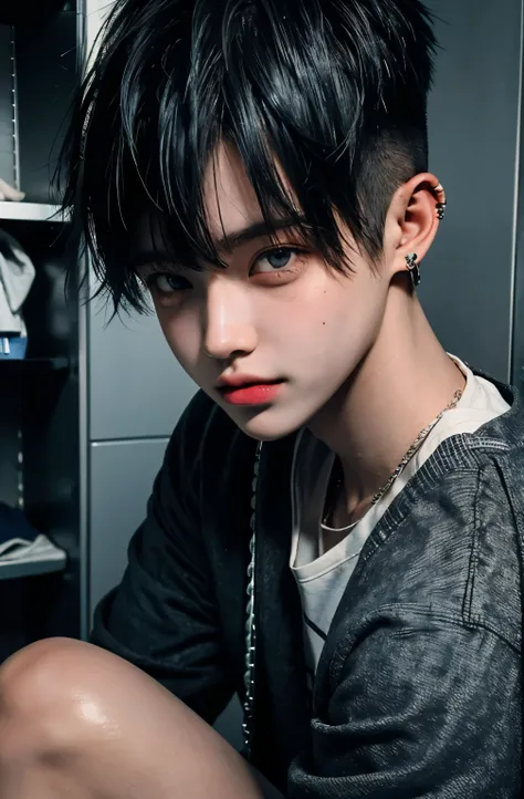 smile、Beautiful boy absurd masterpiece HDR high quality image , handsome face, detailed face, blue hair , very short hair, ((messy cut hairstyle:1 )) , gray eyes, white skin , ((muscular:1)),masculine ,age 18 , 

Wearing the student varsity team, topless ,...