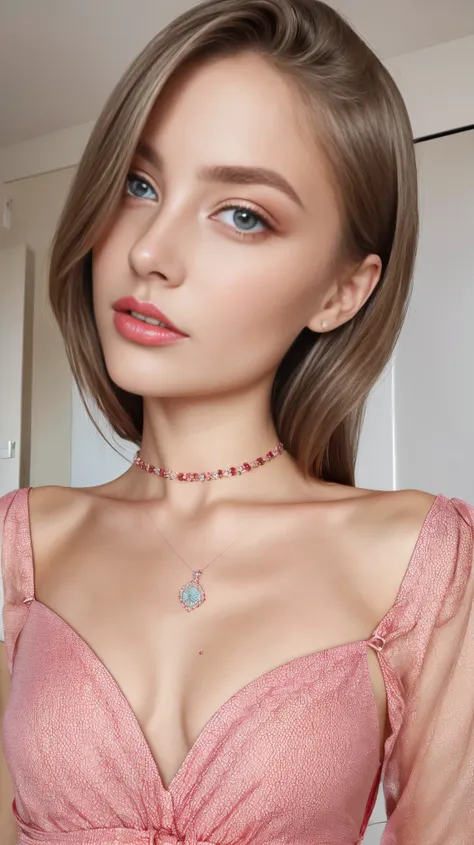 viktoriatishko, focus on eyes, close up, wearing jewelry, brown blond hair, small breast, wearing pink silk drees, red lipstick,...