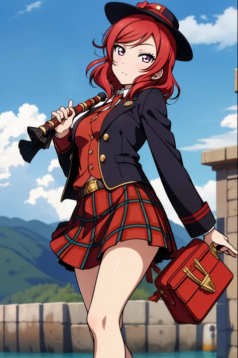 Maki Nishikino，Loch Ness，Red bagpiper hat，Blowing bagpipes，Red tweed skirt