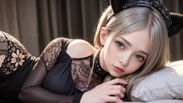 （woman lying on bed and wearing）realistic, High resolution, 1 female, alone, hip up, show viewer, (detailed face), gray hair, long hair, （Maid clothes）, jewelry、）（off shoulder）、（(no skirt)）、（panty shot）（（you can see her black lace panties））（（close your eye...