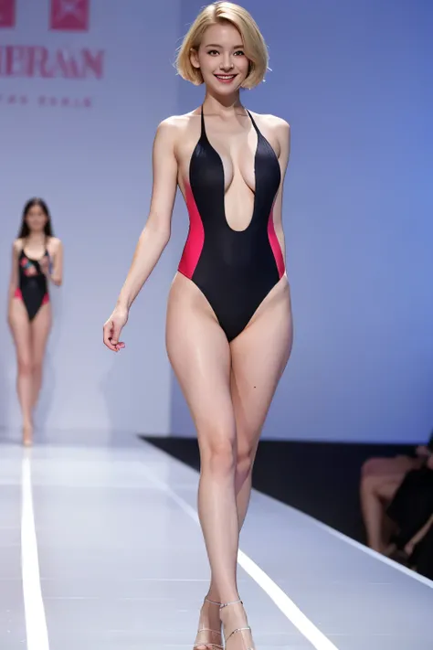 ((highest quality)), ((masterpiece)), (Detailed breasts), perfect face、perfect face、(perfect fingers)、(slender body)、((long legs))、smile、((Walking the runway in a super high-leg swimsuit))、((Blonde shorthair))