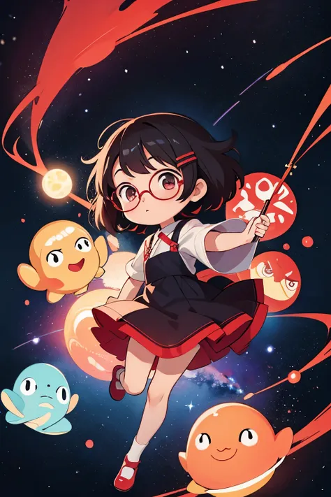 Chibi girl teaching cosmology、red glasses、Mitsuami、Galaxy painting on background