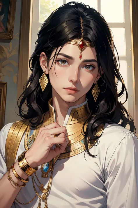 ((best quality)), ((masterpiece)), (detailed), perfect face, one boy, Egyptian prince, long hair, sweet face, gold bracelets and earrings, silks,