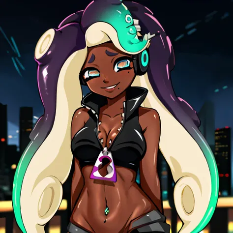 1girl,marina,octoling, dark skin, tentacle hair, shiny skin, large breasts, ((city)) , smile, long hair, cleavage