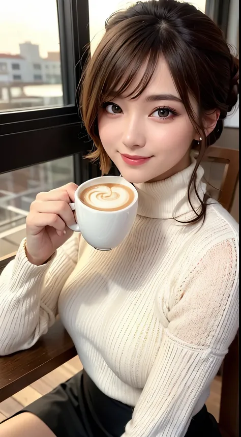 ((best quality, 8K, masterpiece)), ultra-detailed, sharp focus, 1 beautiful woman, updo, white turtleneck sweater, black tight skirt, highly detailed face and skin texture, ((detailed eyes)), ((beautiful eyes:1.2)), smile, sitting, cafe, (latte)