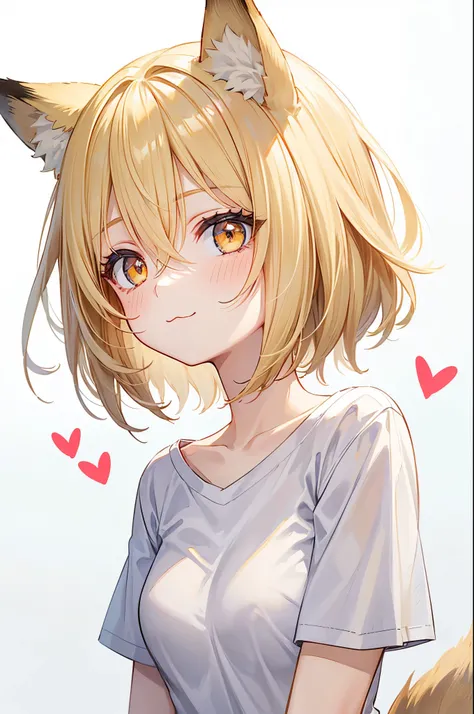 white background, 1girl, cute, short hair blonde hair, hair between eyes, beautiful detailed golden eyes, fox ears, :3, white t-shirt, arms at sides, upper body, face only, heart,