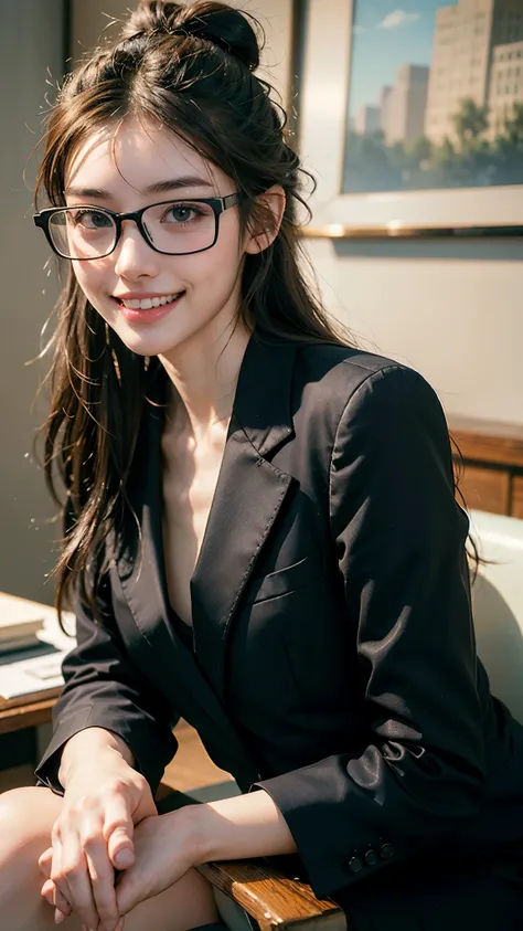 highest quality, masterpiece, ultra high resolution, (realistic:1.3), (close portrait) RAW photo, 1 girl, 22 years ago,(((business suit))),((Square glasses with thin black frames)),((long hair bun hair)),masterpiece, realistic pictures, japanese pictures, ...