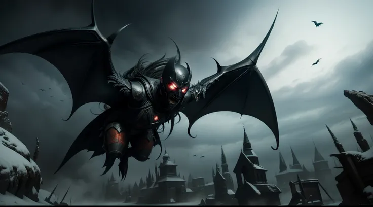  Painting of a demonic anthropomorphic winged bat, volando en la noche, carnificina, Sci - The Art of Horror Fiction, Science fiction horror arts, inspirado em Aleksi Briclot, As presas da carnificina, Horror art in the fantasy genre, Dirigida por: Aleksi ...