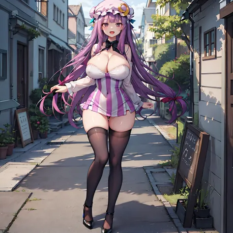 (Patchouli toho character), (standing at lakeside forest), outside, (standing with open legs wide:1.6), (arms behind back), (bending back), tiptoe, pigeon toed, BREAK, (disproportionately gigantic huge breasts:1.2), cleavage, inconceivably thin waist, very...