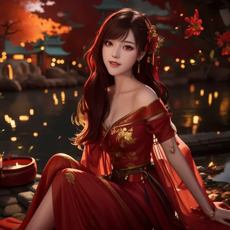 A woman in a red dress sits on a rock by the lake, beautiful digital artwork, beautiful fantasy art, Chinese girl, very beautiful fantasy art, Beautiful ornate digital art, glow red, 4k highly detailed digital art, beautiful digital art, Beautiful art ultr...