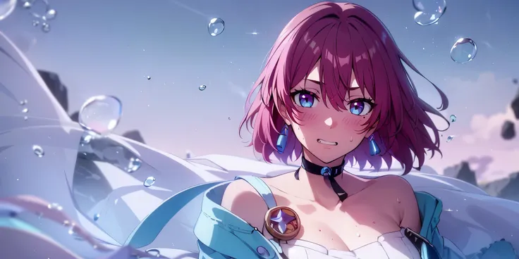 Marhd, hair between eyes, pink hair, short hair, multicolored eyes, hollow eyes, blue eyes, shaded face, detailed face, sweating, looking at viewer, beauty mark, embarrassed, blush face, clenched teeth, detailed face, sweating, looking at viewer, modern de...