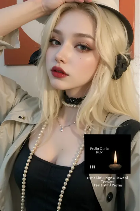 blond woman with a black hat and pearls on her head, goth girl aesthetic, resembling a mix of grimes, darkwave goth aesthetic, 1 7 - year - old goth girl, pale glowing skin, she looks like a mix of grimes, looks like a mix of grimes, pale goth beauty, extr...