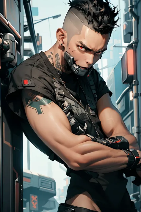 1 man, metal jaw, cyberpunk, metal hand, white skin, mohawk, black hair, red eyes, masterpiece, best quality, perfect drawing, slim body