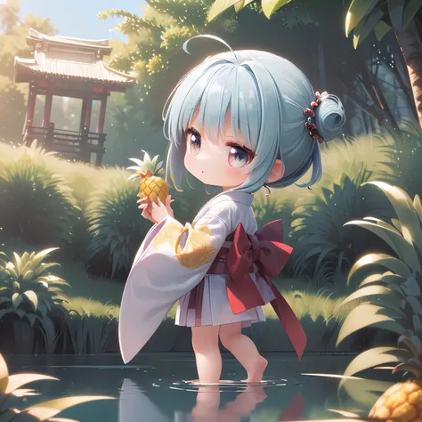 (chibi, pineapple, 3dcg, japanese clothes,1 girl: 1.5), (masterpiece, almond-shaped eyes, glossy white-blue hair, short chignon ...