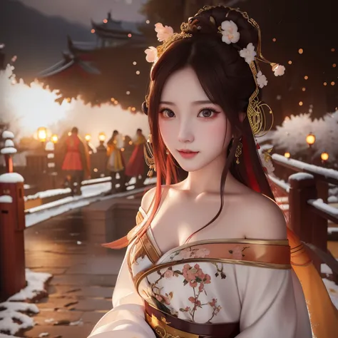 There is a woman in a skirt standing in the snow, hanfu, palace ， A girl wearing low-cut Hanfu, chinese princess, Red Hanfu, Chinese girl, beautiful fantasy queen, Chinese style, ancient chinese princess, Chinese fantasy, Popular topics on cgstation, Beaut...