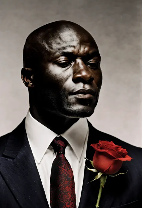 Portrait of British male singer Hale Henry Samuel, above neck, Wearing a white shirt and tie suit,
background: Translucent Floating Lip Print and Red Rose Irving Penn Photography, close up, sad, pain, fatigue, nude minimalism, black and white, magnificent,...