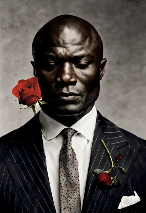 Portrait of British male singer Hale Henry Samuel, above neck, Wearing a white shirt and tie suit,
background: Translucent Floating Lip Print and Red Rose Irving Penn Photography, close up, sad, pain, fatigue, nude minimalism, black and white, magnificent,...